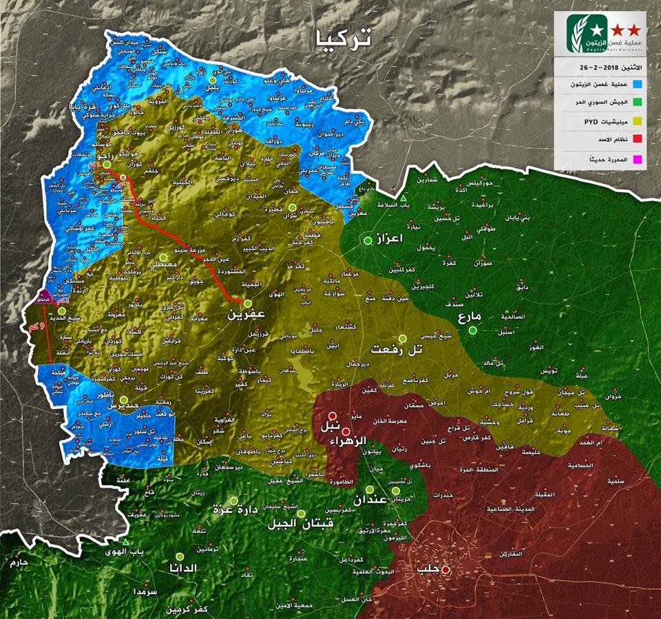 Le plan, aujourd'hui, des zones de contrôle autour d'Afrine : en bleu et vert l'ASL, en jeune les FDS, ent rouge le régome.